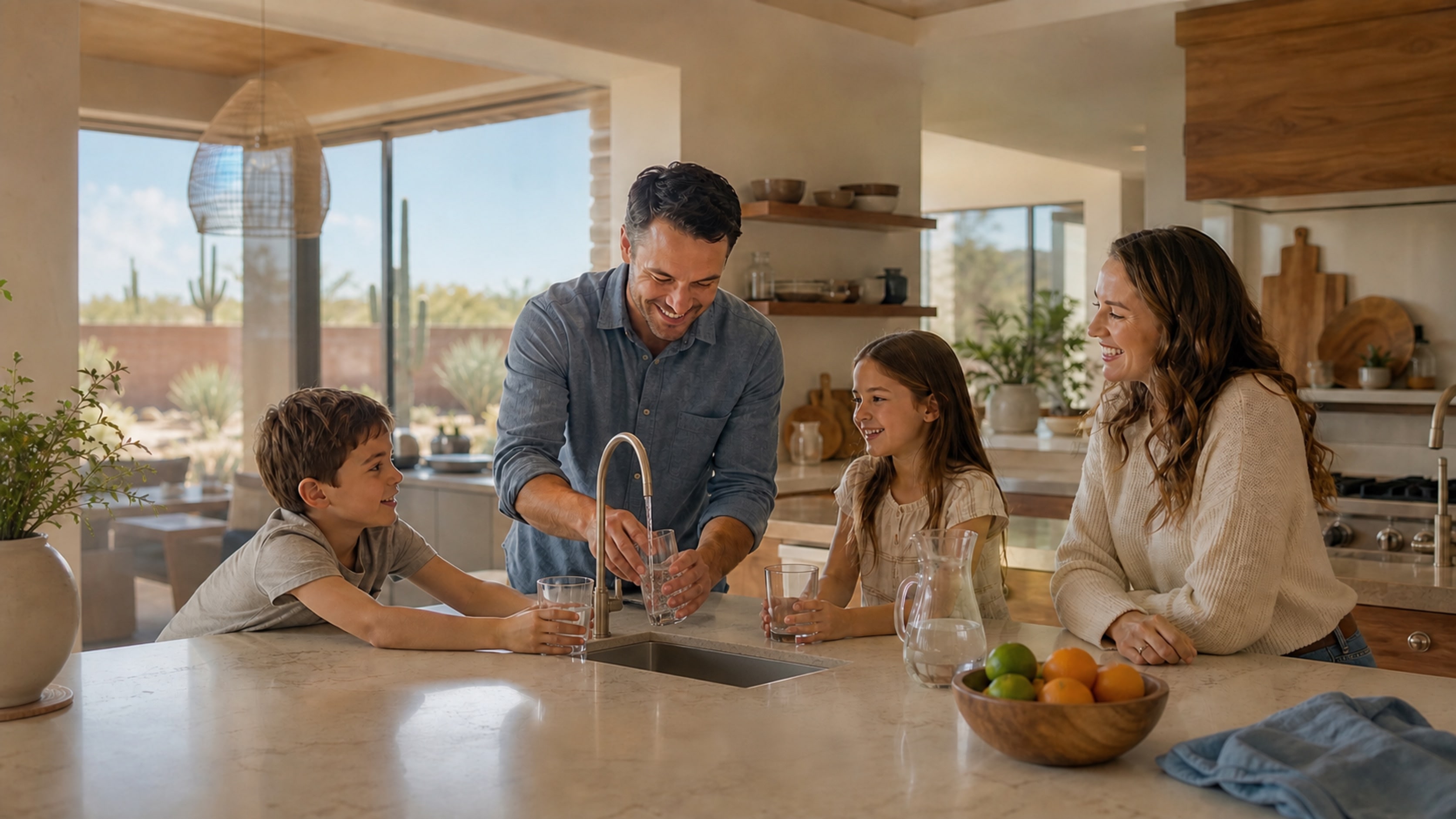 Family enjoying filtered water together around a kitchen island