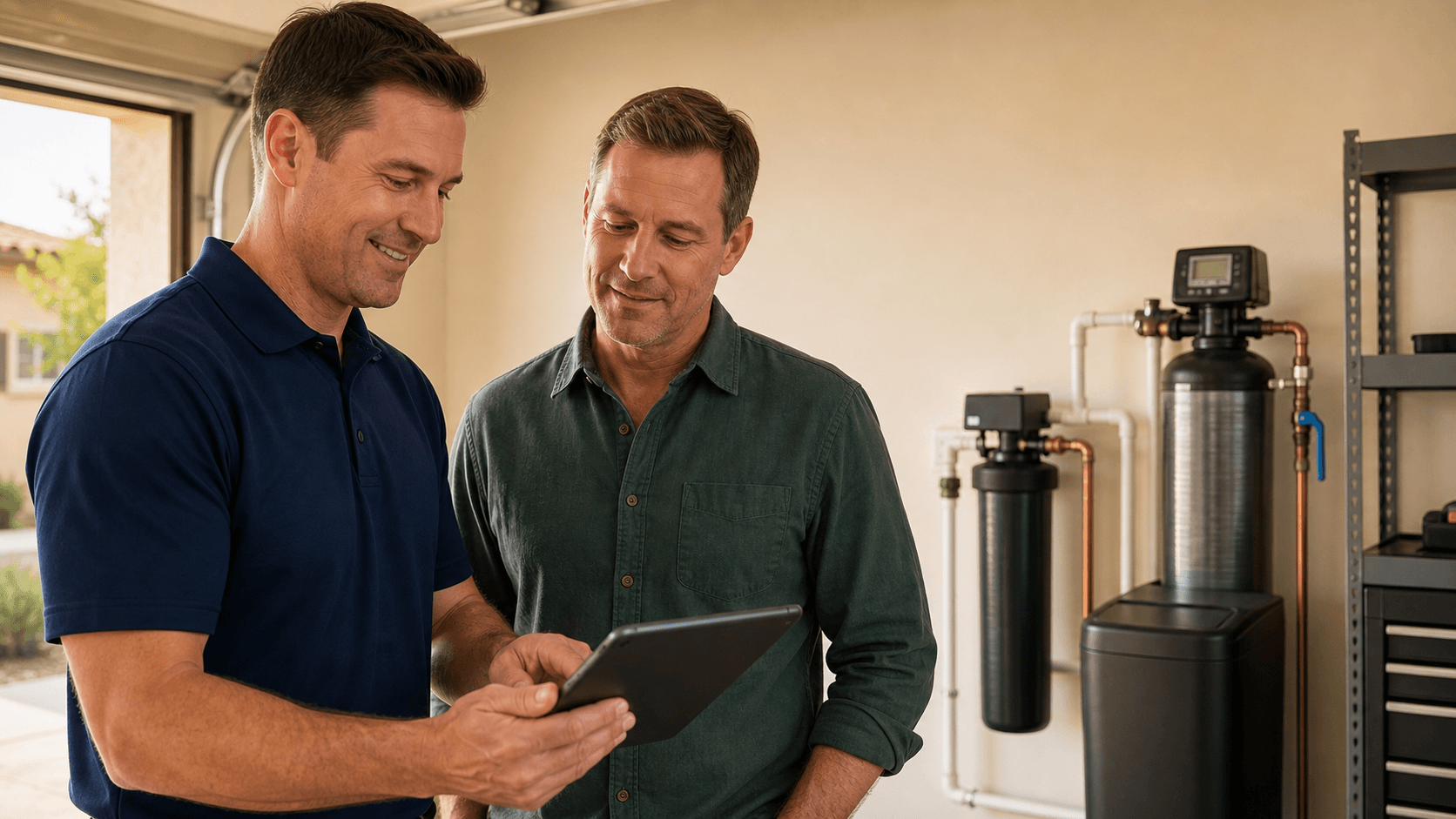 Plumber reviewing a water system estimate with a homeowner
