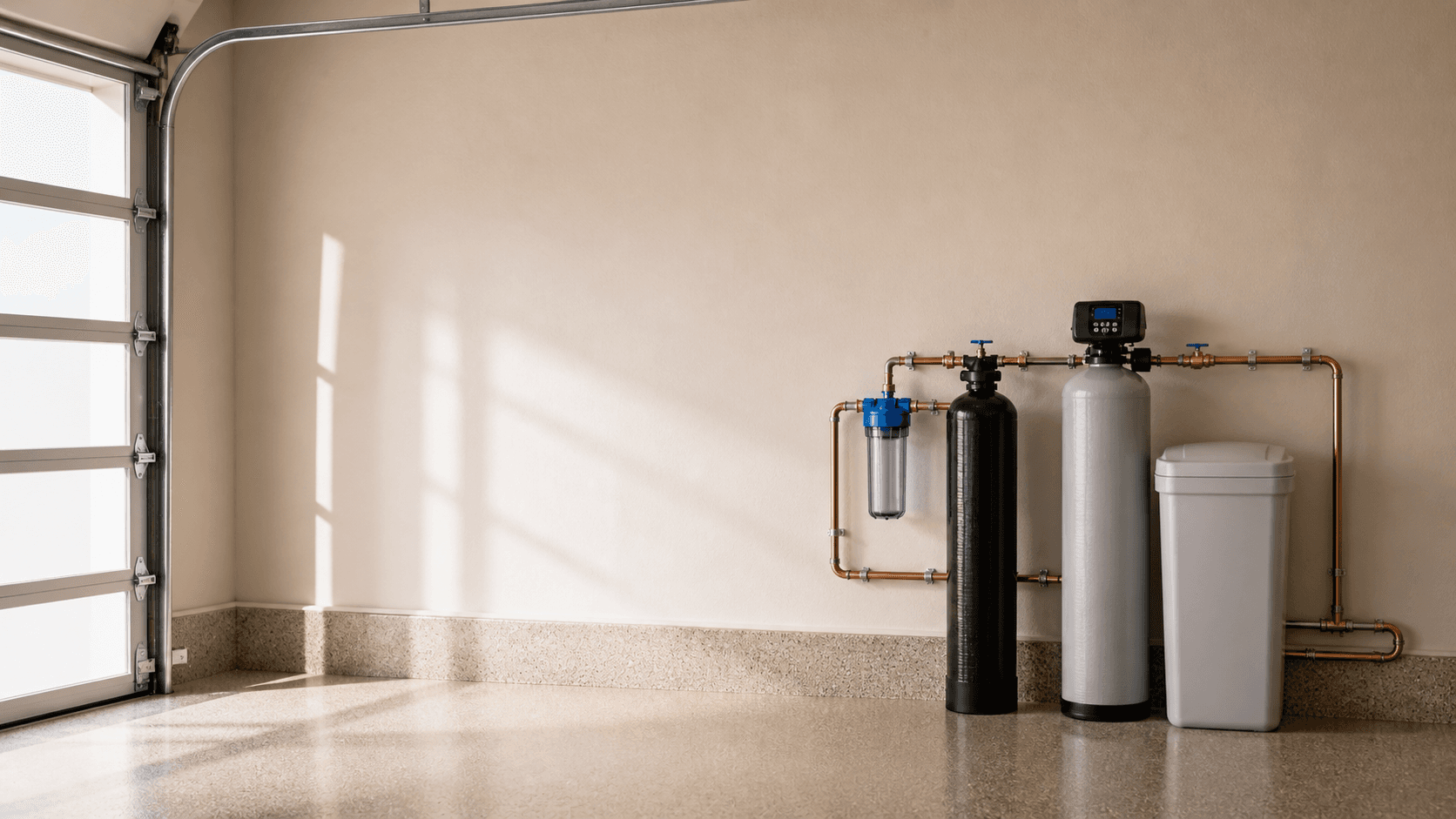 Whole home filtration and softening equipment installed inside a garage
