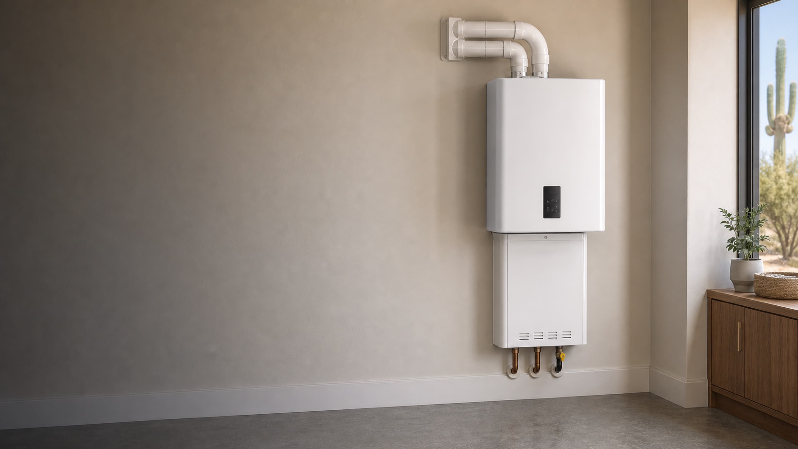 Residential water heater installed in a clean Phoenix home utility space