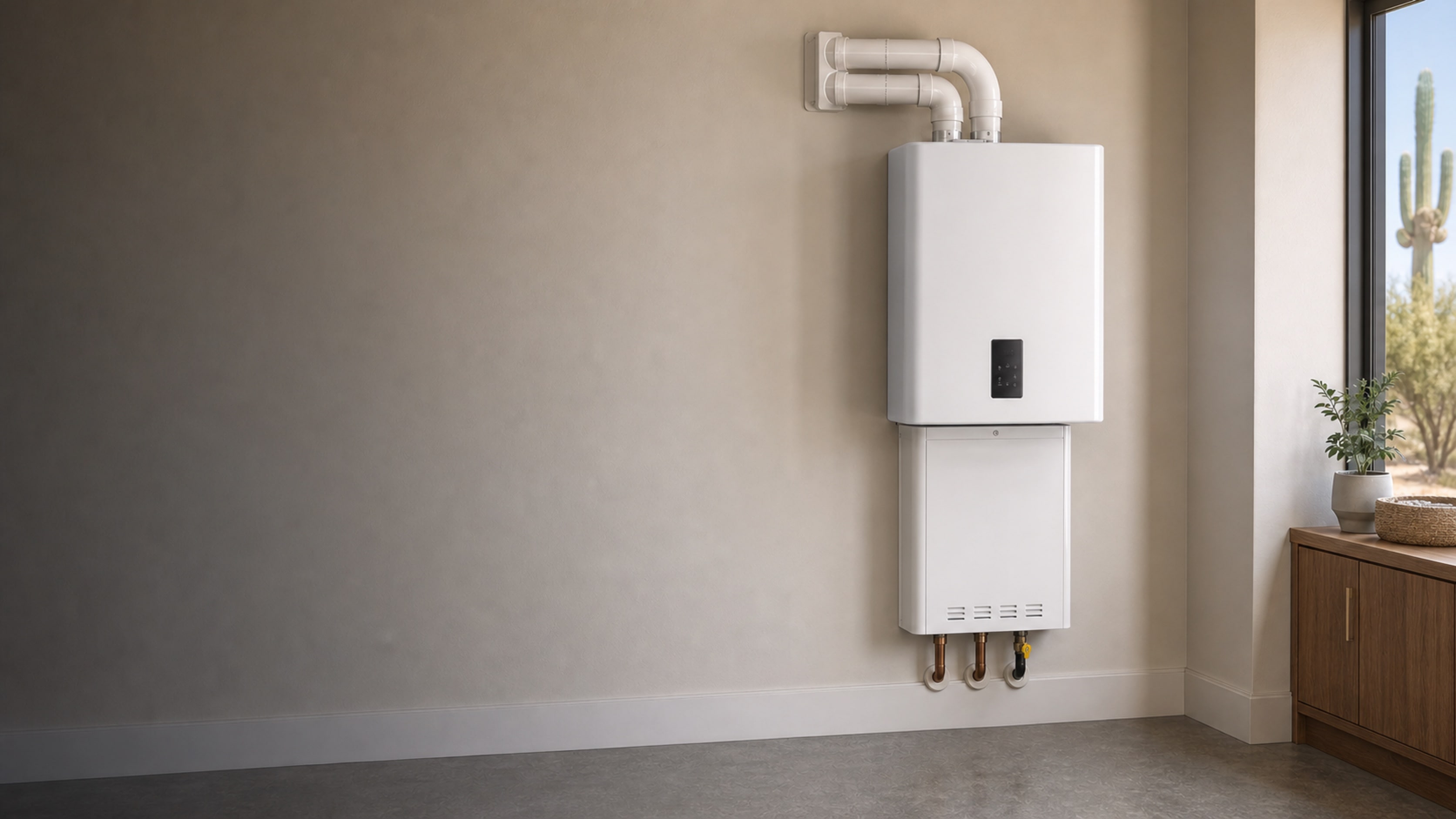Premium tankless water heater installed on a finished Phoenix garage wall